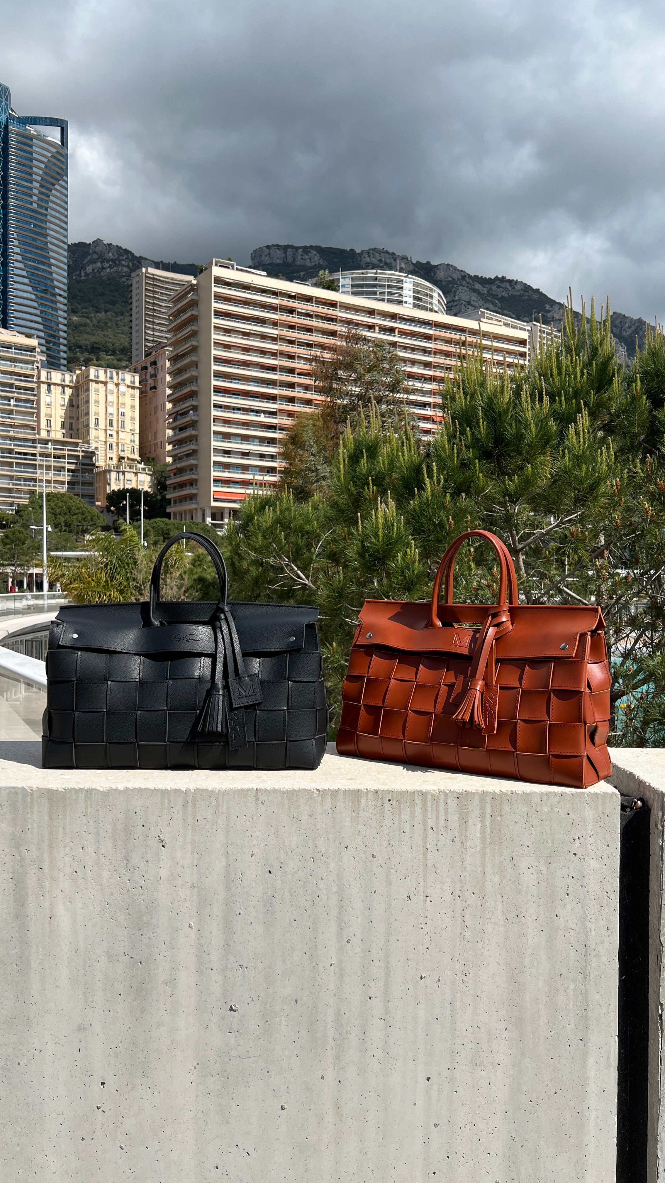 Two handbags, one black and one brown, on a concrete ledge with a cityscape and mountains in the background.
